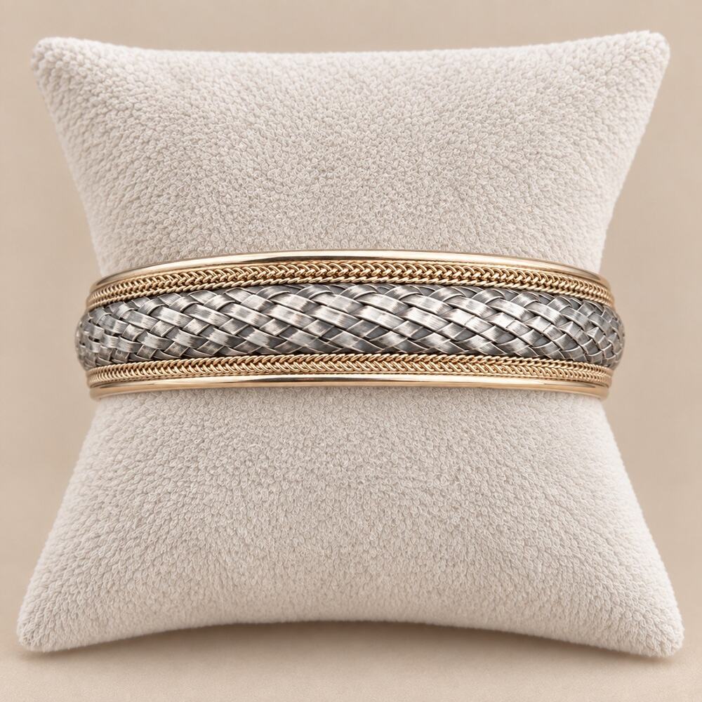 Vintage FAS 925 Sterling Silver Woven Cuff Bracelet Gold Tone Accents 7”